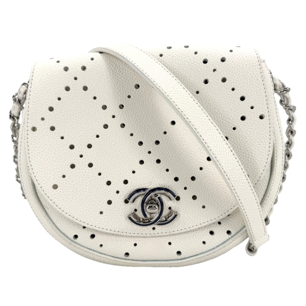 Chanel Women's Perforated Shoulder Bag, Small Size, White Leather, Silver Har...